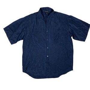 Silk Society Navy Short Sleeve Button Up Shirt Medium 100 Percent Silk Soft